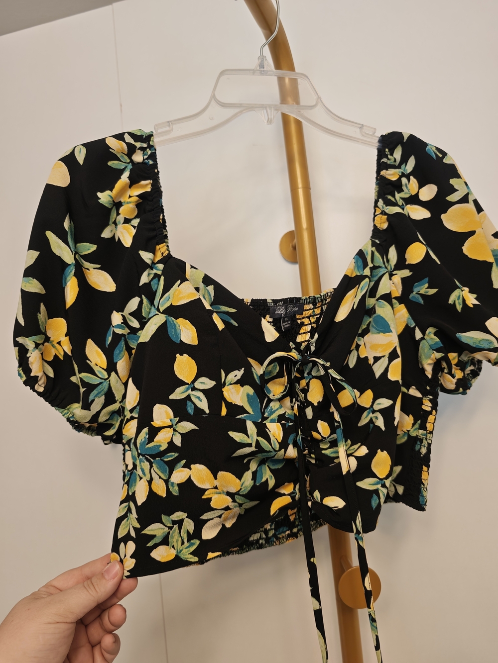 Cropped Pesant Summer Fruit Lily Rose Black Lemon Print Tie Front Puff Sleeve XL